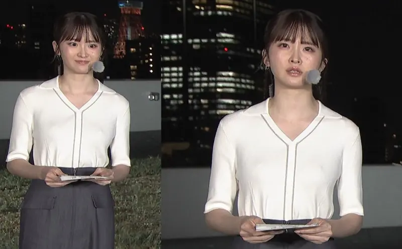 ▲日本美女氣象主播細川栞在播報時，胸前有兩點激凸，引發網友熱議是「無罩上陣」，意外爆紅。（圖／翻攝自Ｘ）