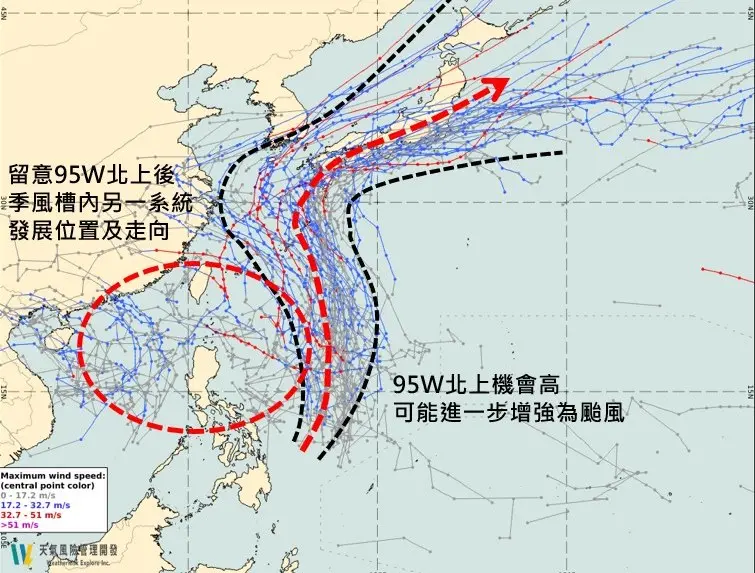 ▲未來一週在台灣附近可能會有2個颱風生成，一個路徑預估會北上再大轉彎侵襲日本，另一個則可能在台灣南方或西南方近海發展。（圖／天氣職人-吳聖宇臉書）