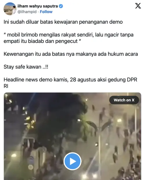 ▲印尼網友在X平台發文批評示威處理方式，指控鎮暴車輛輾壓民眾後逃逸。（圖／翻攝自X）