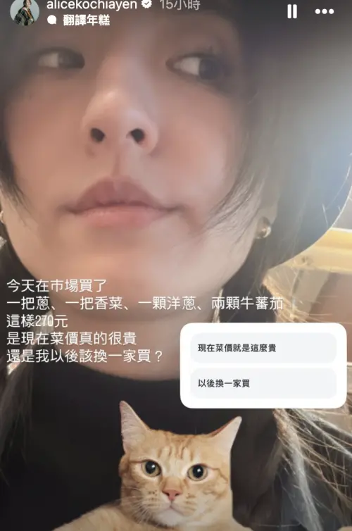 ▲柯佳嬿被菜價嚇到。（圖／翻攝自IG@alicekochiayen）