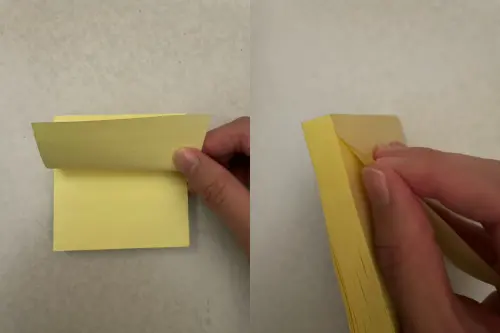 ▲《NOWNEWS》記者實測，分別以上下方向和左右方向撕開便條紙，發現左右方向撕開的便條紙確實較不會損壞紙張。（圖／記者陳雅雲攝）