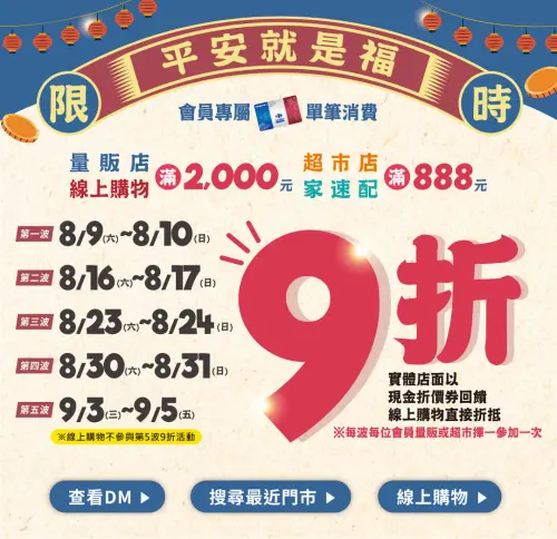 ▲家樂福9月3日至5日量販及線上購物消費滿2000元9折、超市店和家速配888元9折。（圖／取自家樂福）