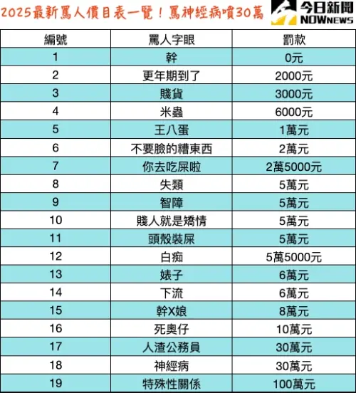 ▲2025年最新罵人價目表，罵別人白痴、智障可能遭罰5萬元起跳，如果是神經病則可能判賠30萬元！（圖/記者張嘉哲製圖）