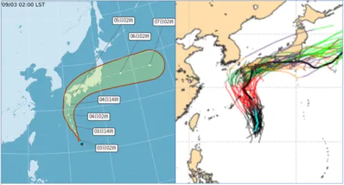 ▲氣象署「路徑潛勢預測圖」顯示，「熱帶低壓」在琉球東南方海面，向北北西轉北進行，接近九州再向東北東大迴轉，橫掃日本本土。最新歐洲系集模式顯示，「熱帶系統」系集模擬的平均路徑，與氣象署的預測路徑類似；個別系集模擬路徑分布在平均路徑的兩側。（圖／氣象應用推廣基金會．洩天機教室）