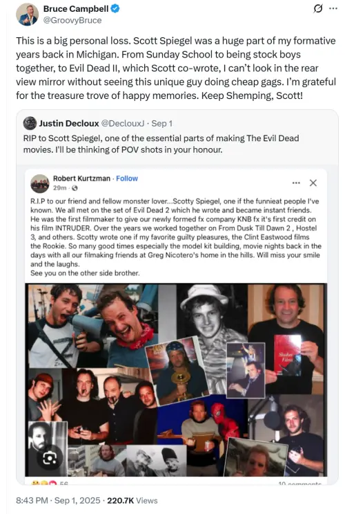 ▲史考特史匹格過世　布魯斯坎貝爾難過哀悼（圖／翻攝自X@GroovyBruce）