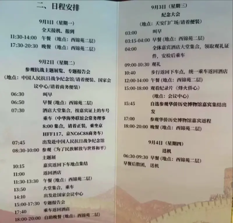 ▲知名海外反共帳號李老師不是你老師貼出一份中國僑界代表提供的閱兵嘉賓手冊，3日凌晨3時就要起床準備參加閱兵式。（圖／翻攝自Ｘ）