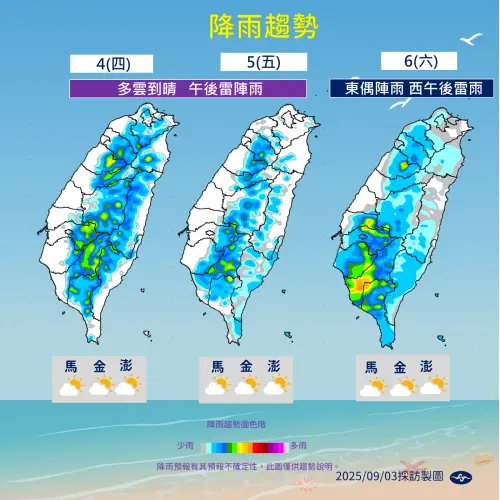 ▲午後雷陣雨主導台灣近期天氣，只有週五因為水氣稍減，降雨強度降低。（圖／中央氣象署cwa.gov.tw）