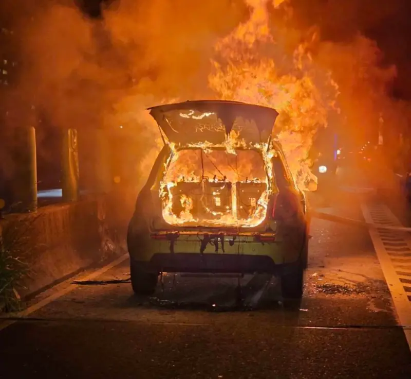 ▲ 新北秀朗橋附近3日傍晚發生火燒車意外，整輛車被燒成火球，幸好駕駛即時逃出，沒有導致傷亡發生。（圖／翻攝畫面）