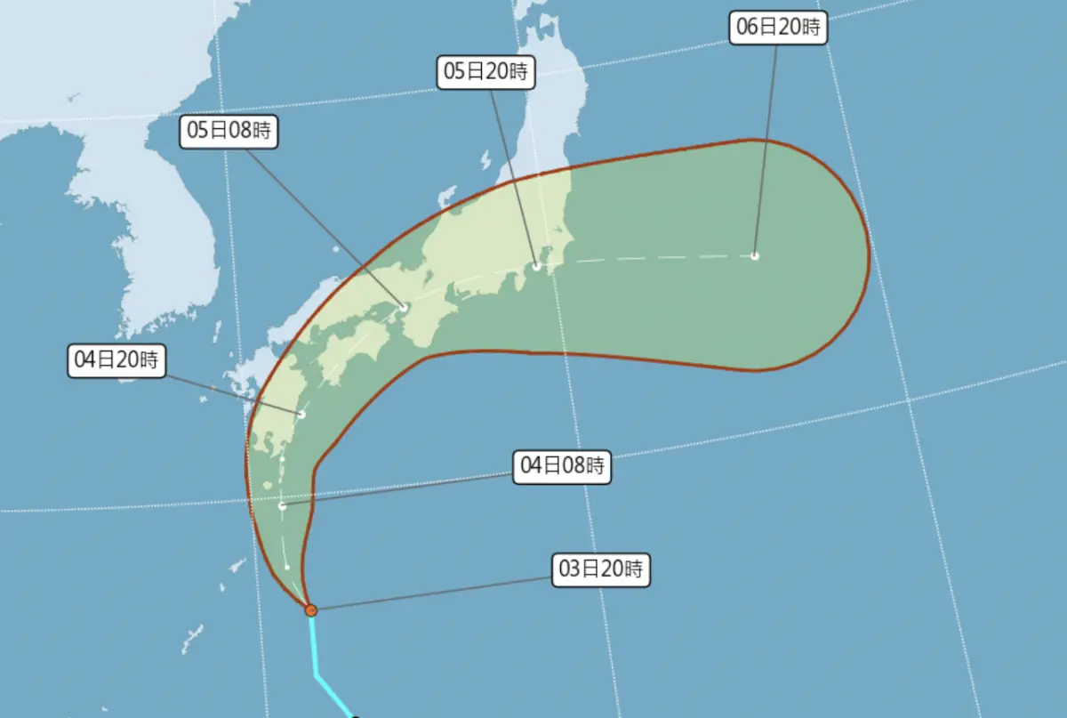 ▲琵琶颱風路徑將持續北上，週四、週五（9/4至9/5）穿過日本四國、九州，對台灣無影響。（圖／中央氣象署cwa.gov.tw）