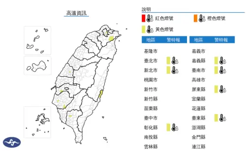 ▲臺北市、新北市、彰化縣、嘉義縣、臺南市、屏東縣、臺東縣為黃色燈號，請注意