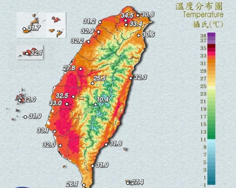 ▲各地天氣高溫炎熱，中央氣象署已發布高溫特報。（圖／翻攝自中央氣象署cwa.gov.tw）