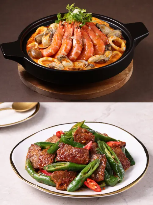 ▲由上至下：「秘製沙茶海鮮煲」598元、「手炒沙茶牛肉」368元。（圖／王品提供）