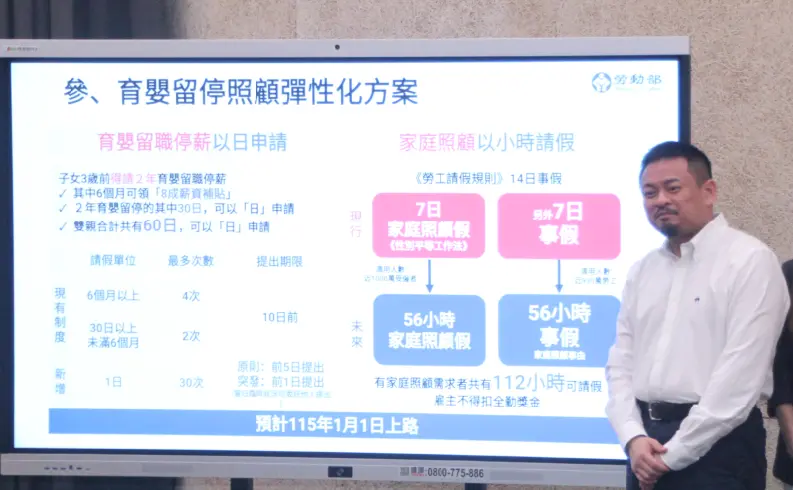 ▲洪申翰下午召開說明會，政府是期待藉此讓新手爸媽可以「照顧不離職」，也讓雇主留才不缺工。（圖／記者鍾泓良攝影）