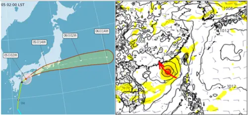 ▲氣象署「路徑潛勢預測圖」顯示，「輕颱琵琶」今日侵襲四國、本州南側。最新歐洲模式模擬圖顯示，另一「熱帶擾動」在南海發展；下週一（8日）侵襲港、澳。（圖／氣象應用推廣基金會．洩天機教室專欄）