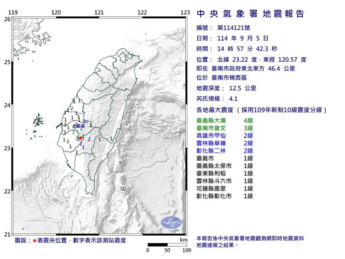 ▲14時57分發生芮氏規模4.1的地震，震央即在臺南市政府東北東方 46.4 公里。（圖／中央氣象署cwa.gov.tw）