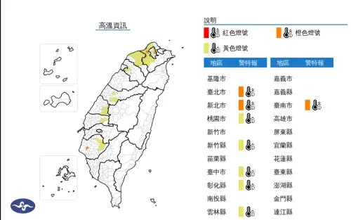 ▲▲各地天氣高溫炎熱，今（6）白天臺北市、新北市為橙色燈號，有38度極端高溫出現的機率；臺南市為橙色燈號，有連續出現36度高溫的機率，請加強注意。桃園市、新竹縣、臺中市、彰化縣、雲林縣為黃色燈號。（圖／中央氣象署提供,cwa.gov.tw）