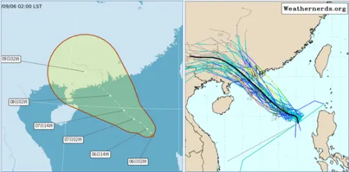 ▲氣象署「路徑潛勢預測圖」（左圖）顯示，塔巴颱風今生成，下周一（8）襲廣東珠江口西側。歐洲系集模式也顯示，系集平均路徑通過廣東珠江口西。（圖／洩天機教室,metapp.org.tw）