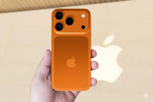 ▲國外爆料iPhone 17 的相機按鍵，當中似乎也透露出iPhone 17 Pro最終拍班定案的顏色。記者實際透過Gemini 生成出iPhone 17 Pro假想圖，這樣的橘色可以接受嗎？(非實機照，圖／Gemini AI生成)