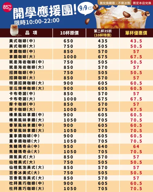 ▲85度C周二9月9日當天限定，中杯、大杯咖啡同品項第2杯3.5折。（圖／業者提供）