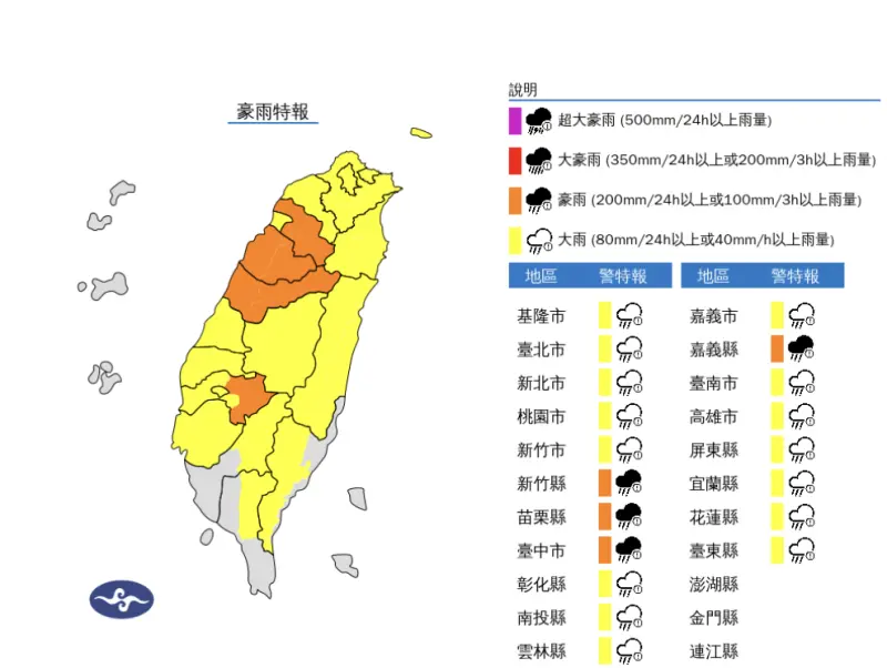 ▲中央氣象署今（7）日針對19縣市發布豪雨特報，由於對流雲系發展旺盛，各地易有短延時強降雨。（圖／中央氣象署cwa.gov.tw）