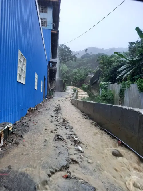 ▲台中太平區德利路湧現滾滾黃水混合土石從山坡上傾瀉而下。（圖／台中市議員蔡耀頡提供）