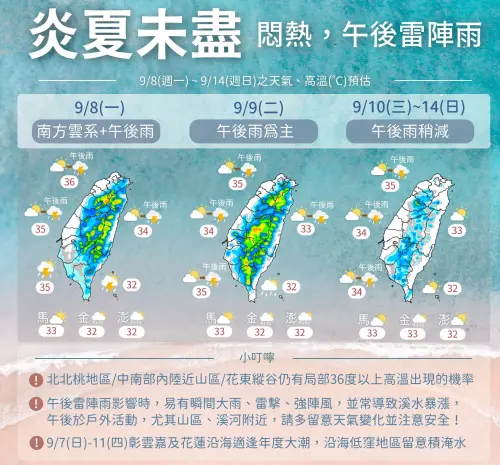 ▲週一、週二南方雲系影響，各地午後還是要注意較大雨勢，週三過後天氣逐漸回穩、降雨機率下降。（圖／中央氣象署cwa.gov.tw）