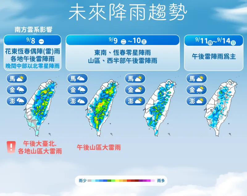 ▲本週台灣各地天氣「高溫炎熱、午後雷陣雨明顯」，特別是今明兩天，大台北、各地山區要注意較劇烈的雨勢。（圖／中央氣象署cwa.gov.tw）