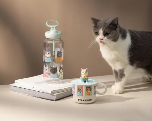 ▲左起：「32OZ沐綠貓咪冷水壺」880元、「貓咪造型杯蓋馬克杯」800元。（圖／星巴克提供）