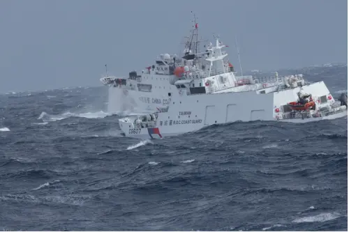 Taiwan’s Coast Guard vessel CG607 was monitoring China Coast Guard ship No. 1302 in the waters off eastern Taiwan. (The Coast Guard Administration)