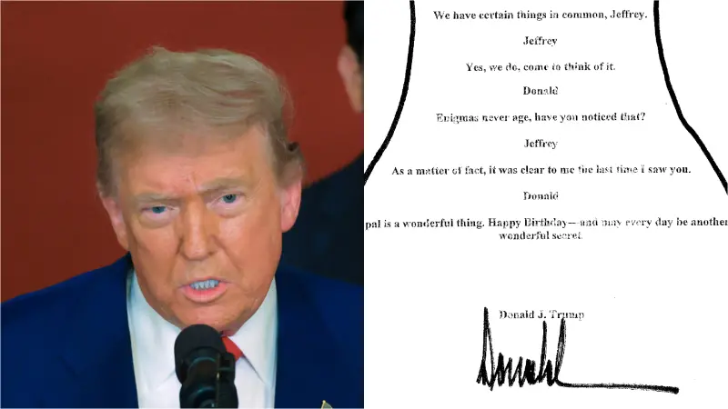 ▲美國總統川普過去深陷寫「裸女慶生卡」給「淫魔富豪」艾普斯坦的爭議，如今疑似是該慶生卡的圖片被公佈出來。（圖／美聯社／X@OversightDems／NOWNEWS合成圖）