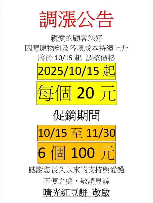 ▲晴光紅豆餅將在10月15日漲價，從目前每顆15元變20元。（圖／晴光紅豆餅臉書）