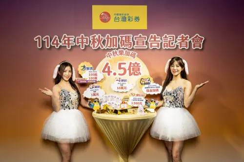 ▲台灣彩券公司今年中秋加碼總獎金4.5億元，其中9月15日起「3星彩」及「4星彩」連續24期壹獎獎金翻倍；9月16日起「大樂透」加開「100組100萬元」。（圖／台灣彩券公司提供）
