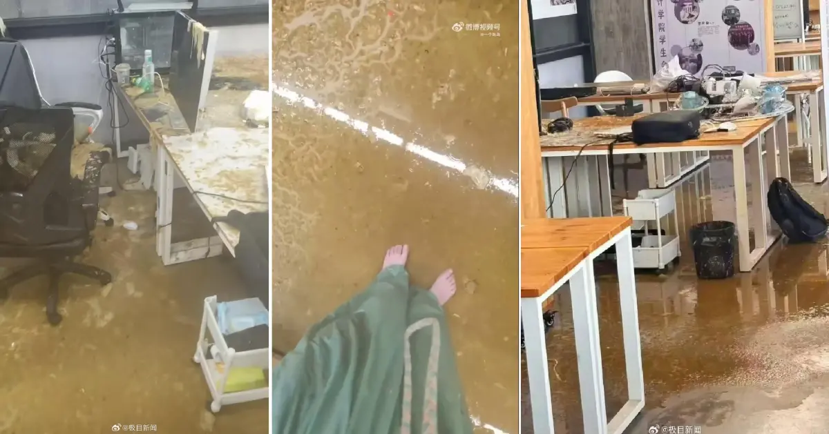 ▲中國美術學院良渚校區8日發生糞管爆炸事故，一名女學生遭屎水淋身、崩潰大哭，教室內電腦、桌椅和地板無一倖免。（圖／翻攝自微博）