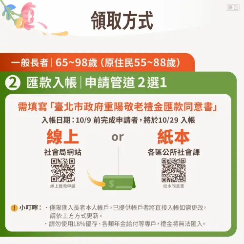▲臺北市重陽節敬老禮金匯款可選線上及紙本兩種方式辦理。（圖／臺北市政府提供）