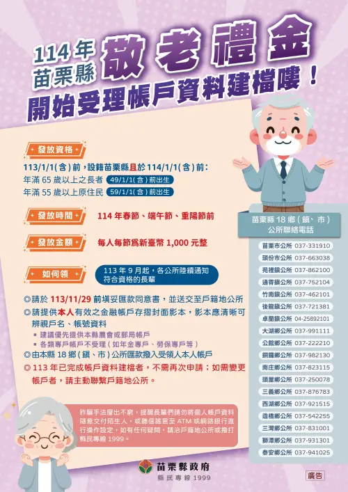 ▲苗栗縣2025年重陽節敬老禮金發放資訊一覽。（圖／苗栗縣政府提供）