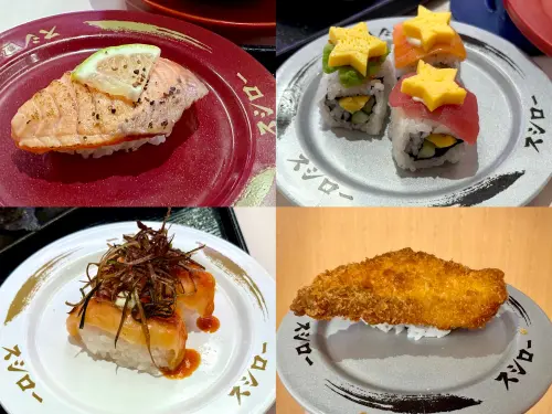 ▲左起：「檸檬胡椒炙燒生鮭魚」40元、「酪梨鮪鮭卷」60元、清爽系、「酪梨鮪鮭卷」60元、清爽系「檸檬胡椒炙燒生鮭魚」40元、「炸洋蔥洋釀鮭魚」50元、「酥炸鮭魚」60元。（圖／記者蕭涵云攝）