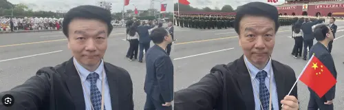 ▲桃園市議員于北辰參加總統就職典禮的照片（左）被網友P圖成在北京天安門廣場揮舞五星旗（右）的樣子。（圖／取自于北辰臉書和Threads）