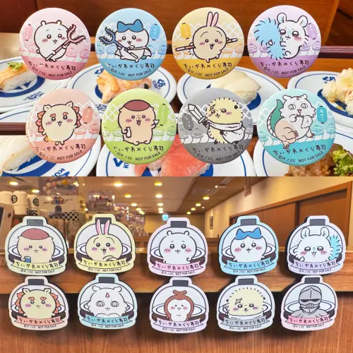 ▲藏壽司吉伊卡哇。8款壽司迴轉帶「徽章」、5款鮮度君「磁貼2件套」。（圖／藏壽司提供）