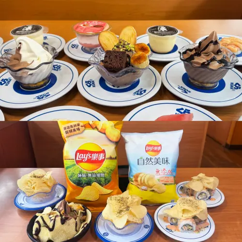 ▲台灣藏壽司期間限定新菜，3款「比利時巧克力」甜點、聯名樂事洋芋片。（圖／藏壽司提供）