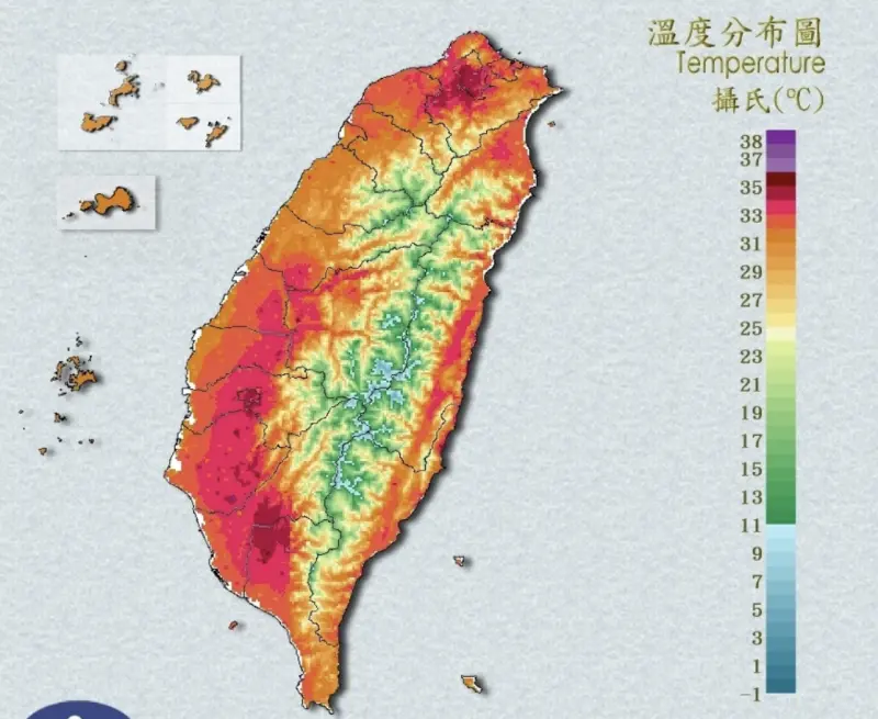 ▲太平洋高壓籠罩，台灣各地白天高溫悶熱，特別是中午時段，溫度分布圖上一整片被染紅。（圖／中央氣象署cwa.gov.tw）