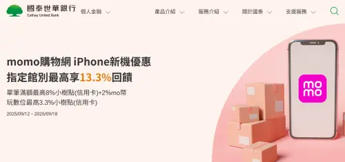 ▲刷國泰世華CUBE卡，在momo購物買iPhone 17，最高回饋13.3%。（圖／國泰世華官網,www.cathay-cube.com.tw/）