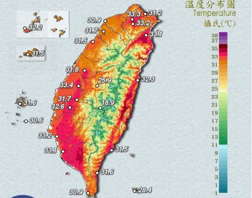 高溫特報／燒紅一片！氣象署：8縣市高溫示警　嘉義市東區36.3度
