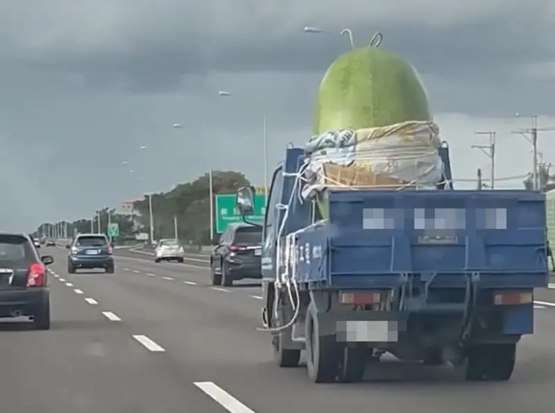 ▲民眾開車上國道驚見「超巨型西瓜」奔馳，許多人看傻直呼「這要種幾年？」而真相也意外爆出。（圖／Threads@chiyo.yu1_授權提供）