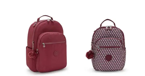 ▲素面酒紅色機能手提後背包SEOUL (左)、酒紅色K字印花機能手提後背包SEOUL S (右)