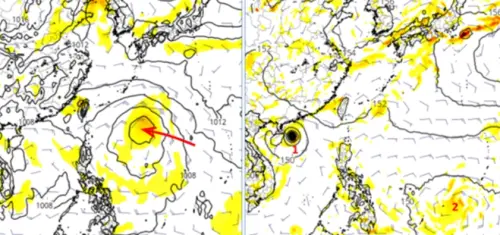 ▲22日20時模擬顯示，「熱帶擾動」向台灣方向逼近，發展亦較明顯；最新美國模式的模擬則與歐洲模式完全不同。（圖/洩天機教室）