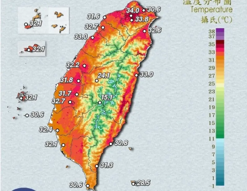 ▲各地天氣高溫炎熱，中央氣象署發布高溫特報，有連續出現36度高溫的機率。（圖／中央氣象署cwa.gov.tw）