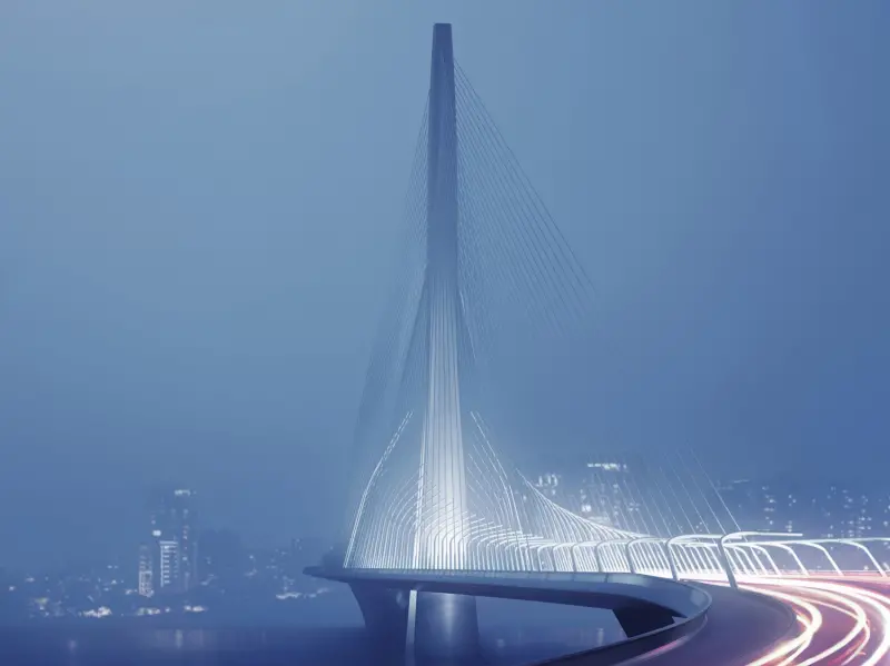 ▲建築大師札哈哈蒂（Zaha Hadid）設計、被CNN評為2025全球前11大重要地標的淡江大橋，9月16日將合龍，接起淡水、八里兩端，意味工程進入倒數階段。圖為淡江大橋模擬圖。（圖／公路局淡江大橋官網djbridge.thb.gov.tw）