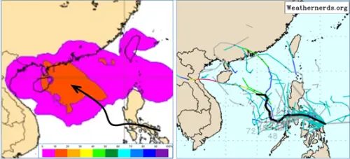 ▲「熱帶擾動」發展成「輕颱」的機率，最高僅達20%，最新歐洲系集模擬平均路徑大致向海南島方向前進。（圖／氣象應用推廣基金會．洩天機教室專欄）