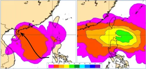 ▲左圖：「熱帶擾動」發展成「輕颱」的機率，最高僅20%，大致朝海南島方向前進。右圖：模擬圖顯示，另一「熱帶擾動」即將進入巴士海峽，發展成「輕颱」的機率高達50%。（圖／氣象應用推廣基金會．洩天機教室專欄）