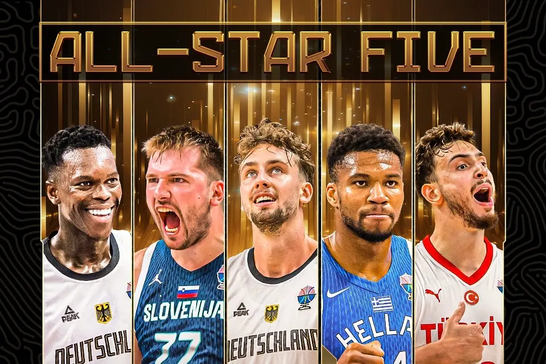 ▲2025年FIBA歐洲籃球錦標賽（EuroBasket 2025）全明星最佳五人正式出爐，由捧起金盃的德國雙槍施羅德（Dennis Schroder）、華格納（Franz Wagner）領銜。（圖／取自歐錦賽X）